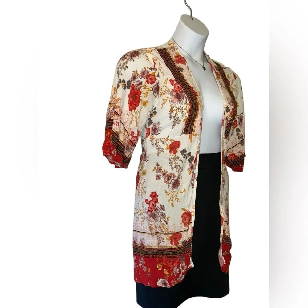 Knox Rose Cream & Red Floral Boho Open Kimono Cardigan - Size XS - Picture 5 of 10